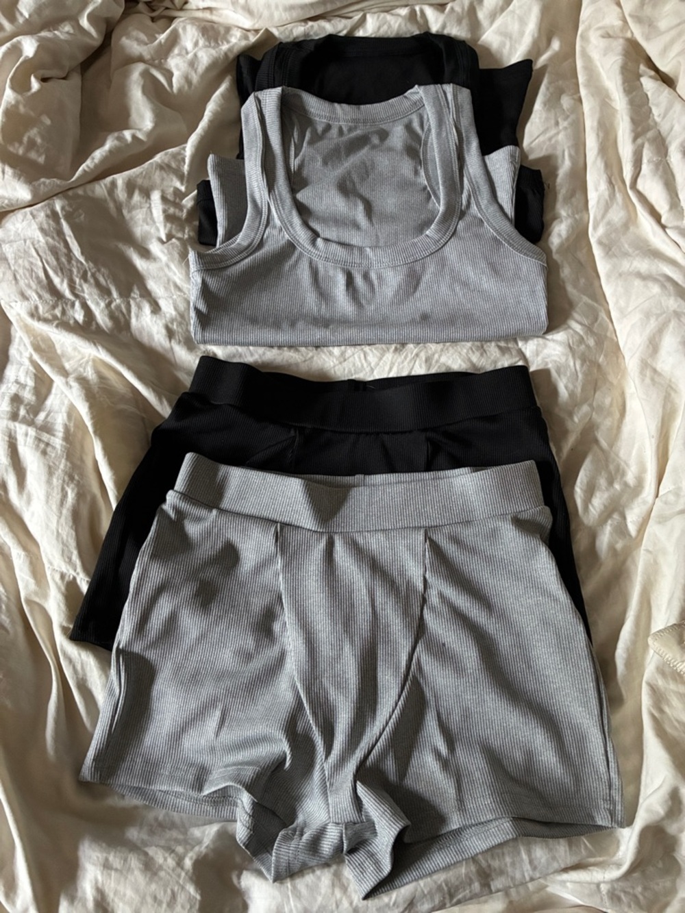 Ribbed Tank and High-Waist Shorts Sets in Gray and Black